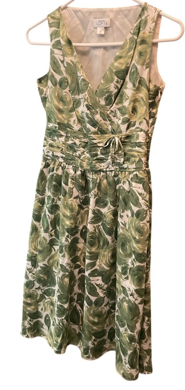 Ann Taylor Loft Green & Cream Floral Lined Side-Zip Sleeveless Dress Size 2